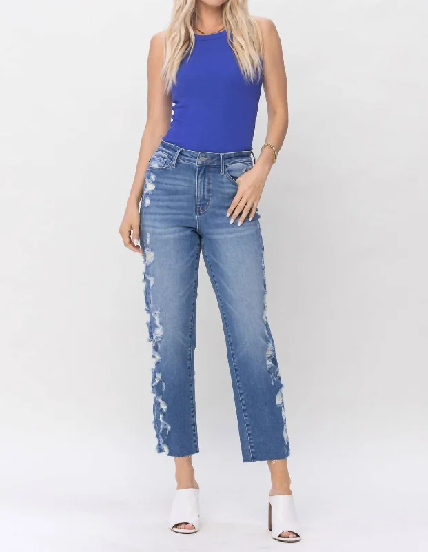 High Waist Destroyed Sideseam Crop Jeans In Medium Wash