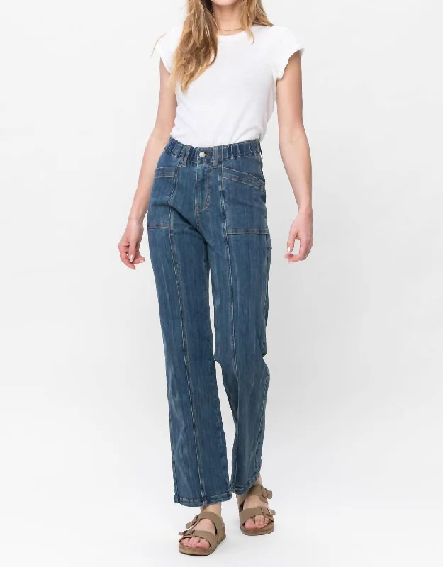 High Waist Vintage Elastic Waist Straight Jeans In Medium Wash