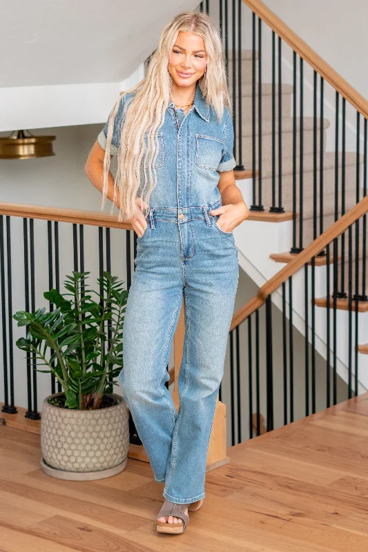 Aspen Denim Short Sleeve Jumpsuit Straight Leg