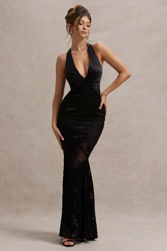 Sunset Tales | Black Satin Devore Plunge-Neck Fishtail Maxi Dress