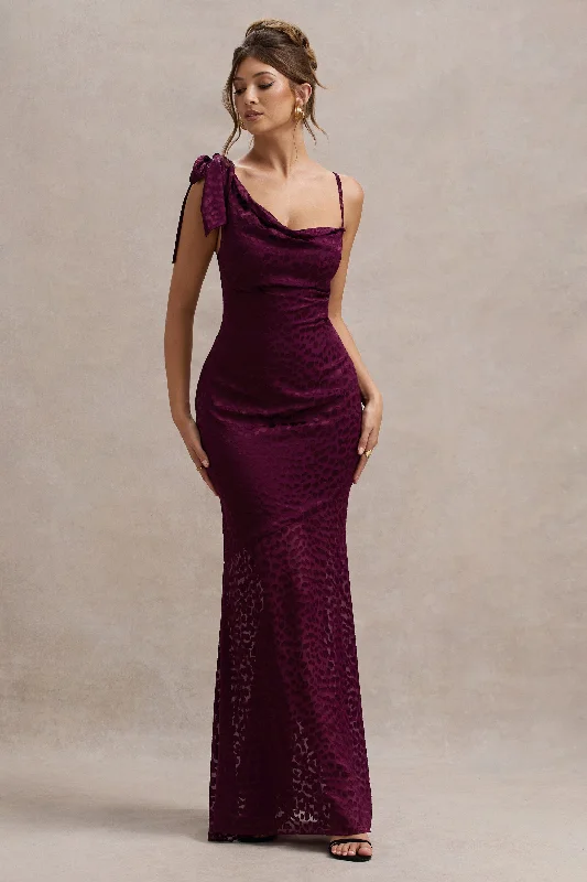 Sangria | Burgundy Satin Jacquard Cowl-Neck Maxi Dress