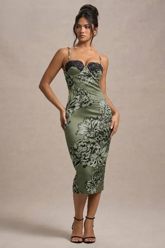 Soprano | Olive Floral Print Satin Sweetheart Lace Trim Midi Dress