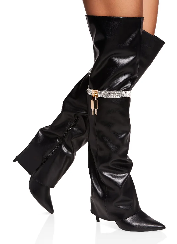 Rhinestone Lock Fold Over the Knee Boots