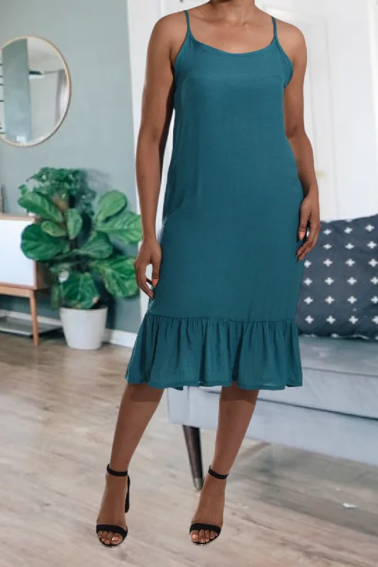 Teal Strappy Ruffle Hem Dress