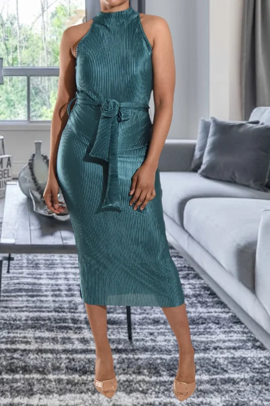 Teal Plisse Halter Neck Dress