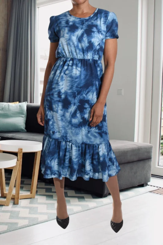 Tie Dye Blue Ruffle Dress