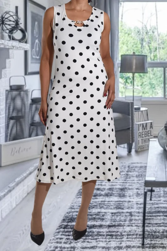 White Polka Dot Crew Neck Dress