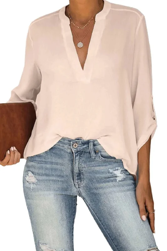 Apricot Split Collar Roll Up Sleeve Blouse