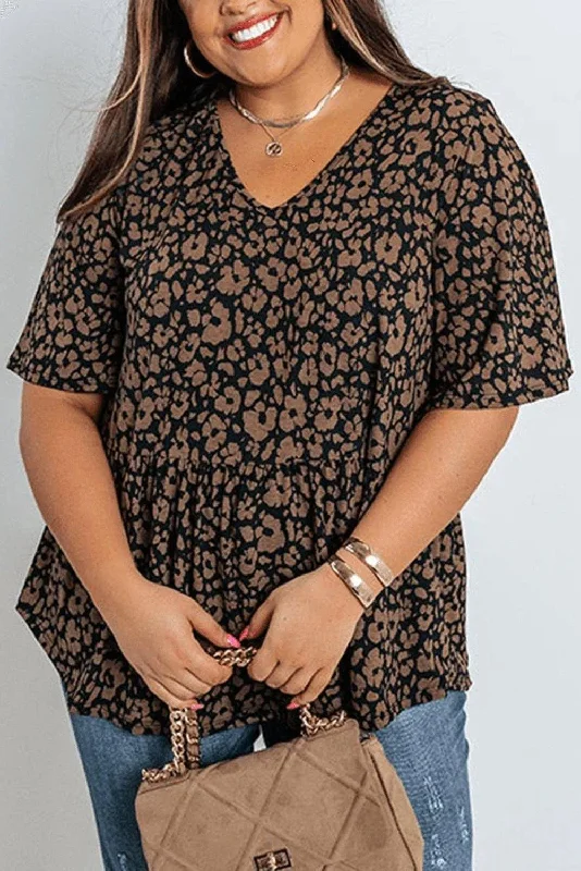 Black Leopard Print Ruffled V Neck Plus Size T-shirt