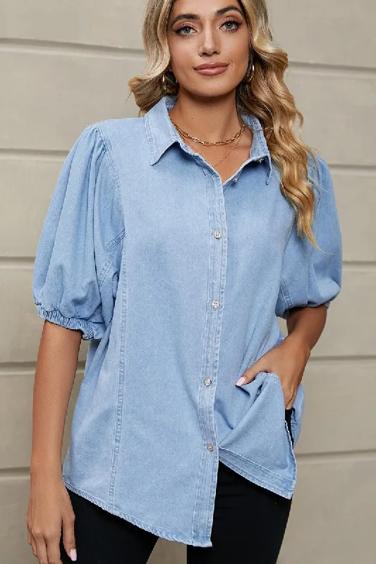 SHORT PUFF SLEEVE BUTTON DOWN DENIM SHIRTS