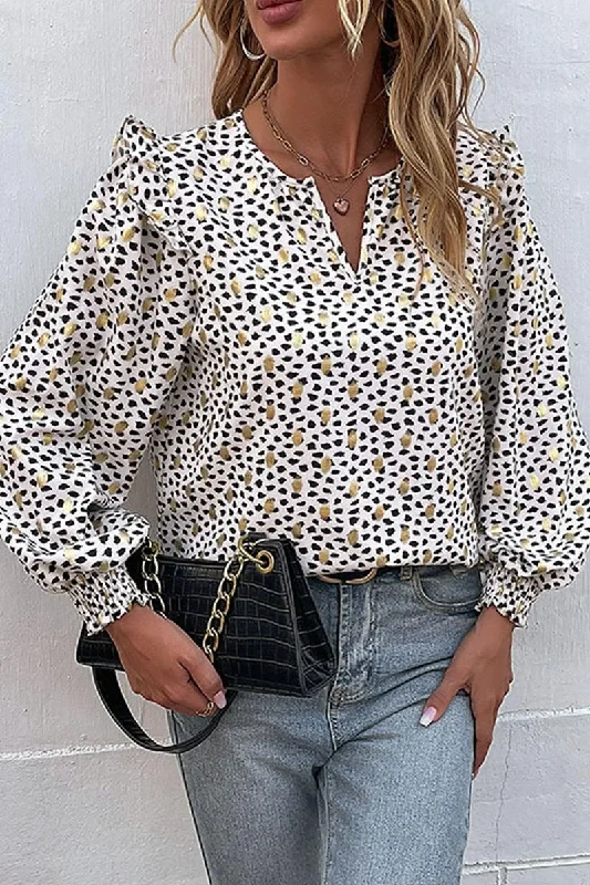 V NECK MULTI PATTERNED LONG SLEEVE WOMEN BLOUSE