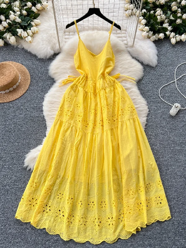 Eyelet Side Ties Yellow Summer Dress