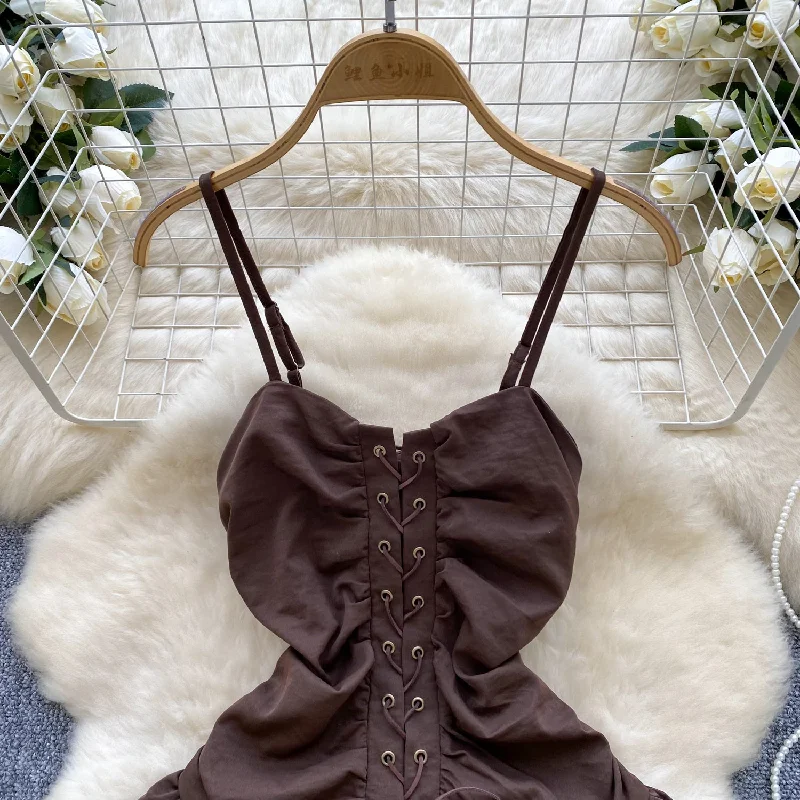 Lace-Up Corset Brown Ruffle Mini Dress