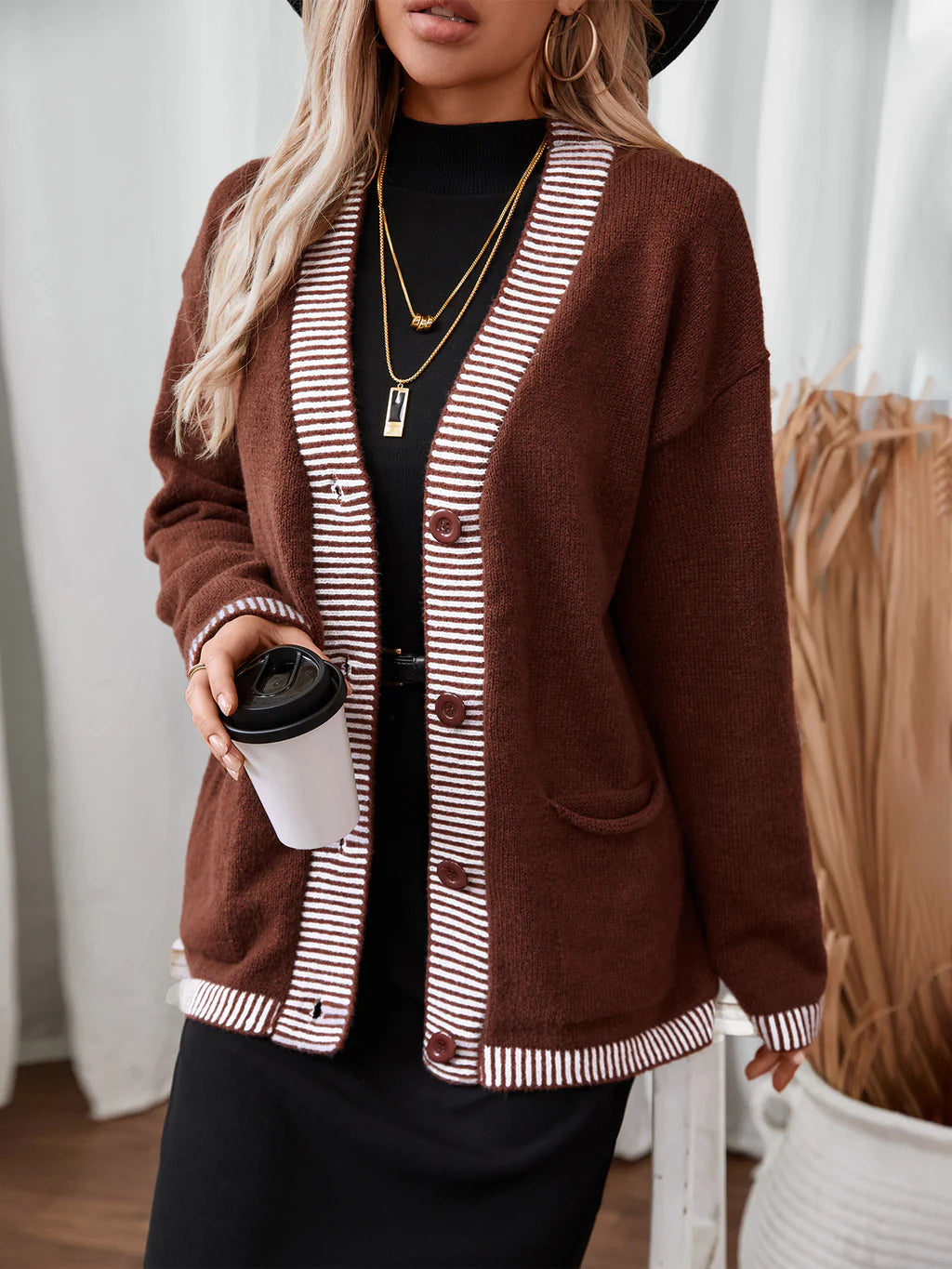 Striped Loose Leisure Pocket Sweater Coat