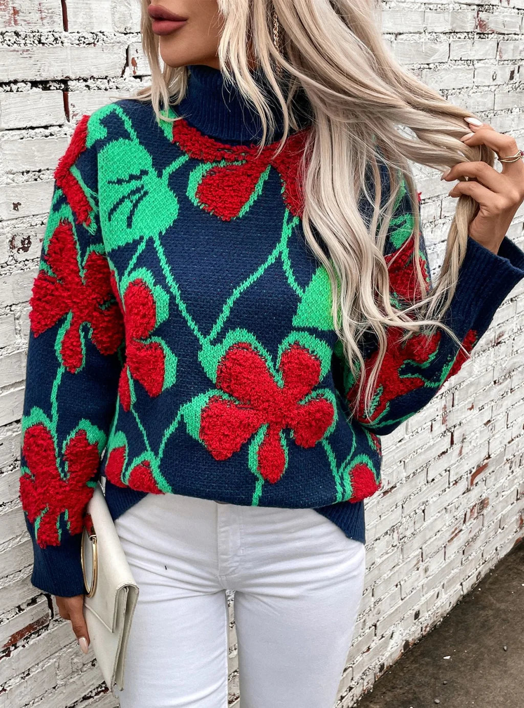 Three-dimensional Flocking Flower Pattern Lapel Sweater